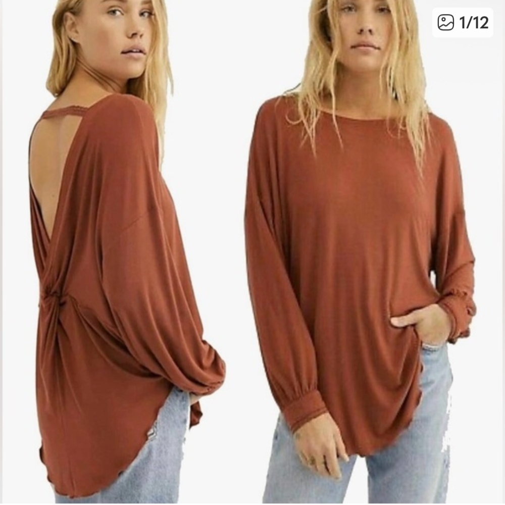 Free People Oversized Long-Sleeve Tunic Top in Deep Rust